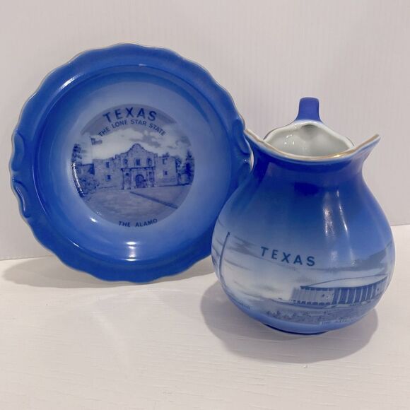 Vintage Texas Cobalt Blue The Alamo Saucer And Texas Landmarks Creamer Pitcher - Picture 1 of 15